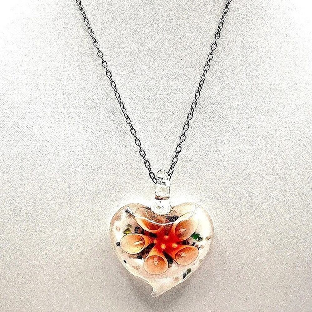 Vintage 90s Art Glass Heart Pendant Necklace Orange Floral Millefiori Jewelry